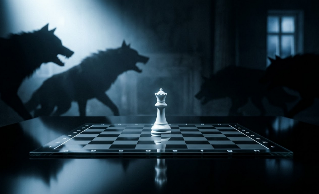 šachmatų lenta ant poliruoto juodo stalo. Vienintelė balta valdovės figūra stovi priešais tamsius, vilko pavidalo šešėlius