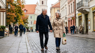 65 metų vyras ir moteris eina miesto gatve