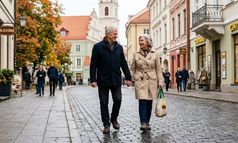 65 metų vyras ir moteris eina miesto gatve