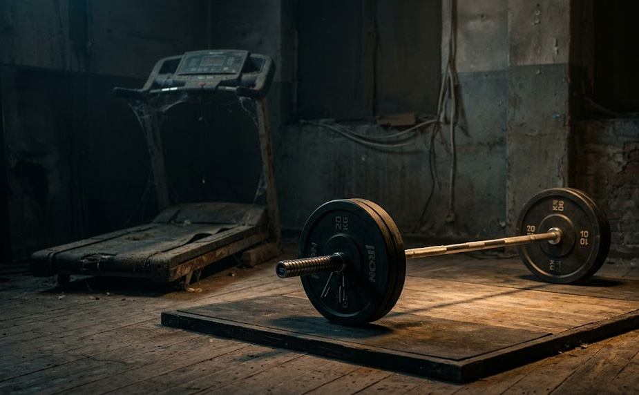 Apleistas bėgimo takelis fone ir išryškintas jėgos treniruočių svarmuo pirmame plane