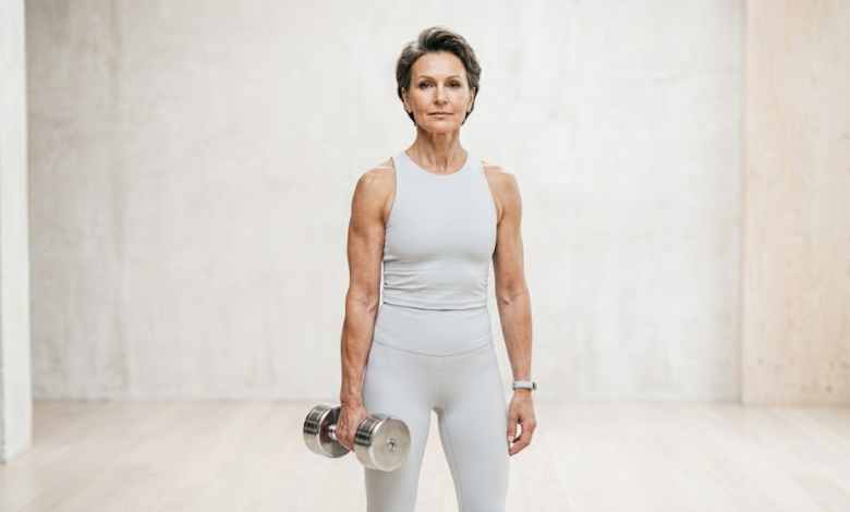 Brandžios moters, laikančios svarmenį, meninis portretas, simbolizuojantis jėgą ir ilgaamžiškumą po 50 metų.