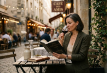 Elegantiška brandi moteris ramiai skaito knygą lauko kavinėje su taure vyno – tai atspindi raminančias solo keliones moterims ir sąmoningą laiką sau.