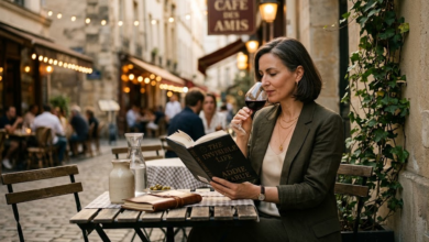 Elegantiška brandi moteris ramiai skaito knygą lauko kavinėje su taure vyno – tai atspindi raminančias solo keliones moterims ir sąmoningą laiką sau.