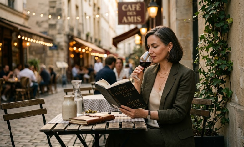 Elegantiška brandi moteris ramiai skaito knygą lauko kavinėje su taure vyno – tai atspindi raminančias solo keliones moterims ir sąmoningą laiką sau.