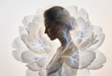 Eteriška moters silueto ir gėlės kompozicija, simbolizuojanti hormonų pusiausvyrą