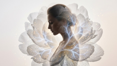 Eteriška moters silueto ir gėlės kompozicija, simbolizuojanti hormonų pusiausvyrą