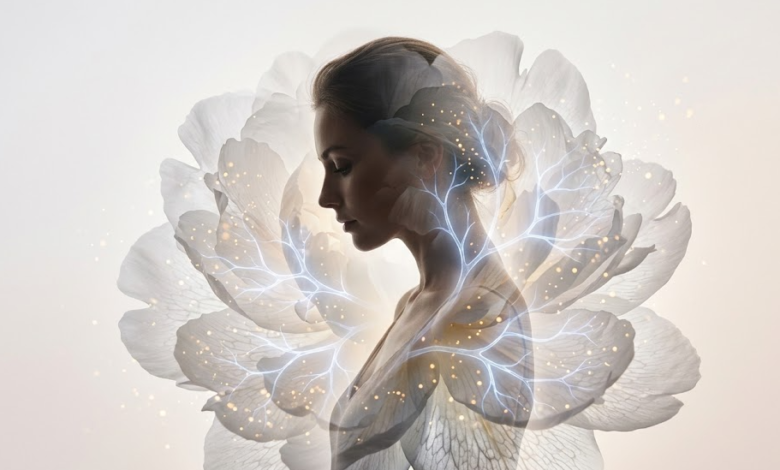 Eteriška moters silueto ir gėlės kompozicija, simbolizuojanti hormonų pusiausvyrą