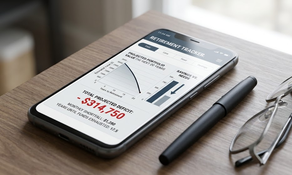 Išmanusis telefonas ant stalo, rodantis finansinį grafiką ir pensijų skaičiuoklės deficitą