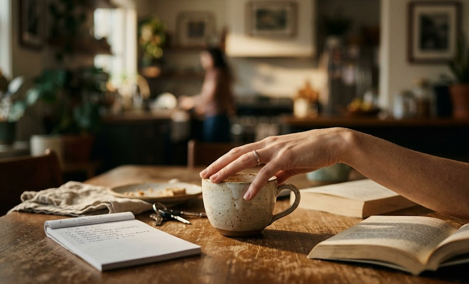 Moters ranka, liečianti kavos puodelį ant stalo, simbolizuojanti kognityvinį krūvį, nematomą buities planavimą ir rūpintojos nuovargį kasdienybėje