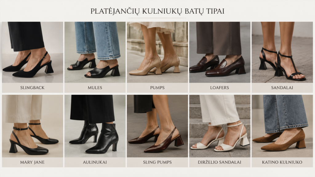 Koliažas su skirtingų tipų platėjančio kulniuko („flared heels“) batais