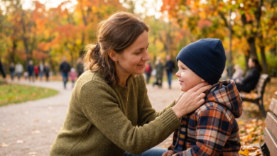 Mama lauke tikrina vaiko sprandą, norėdama įsitikinti, kad jis neperkaito