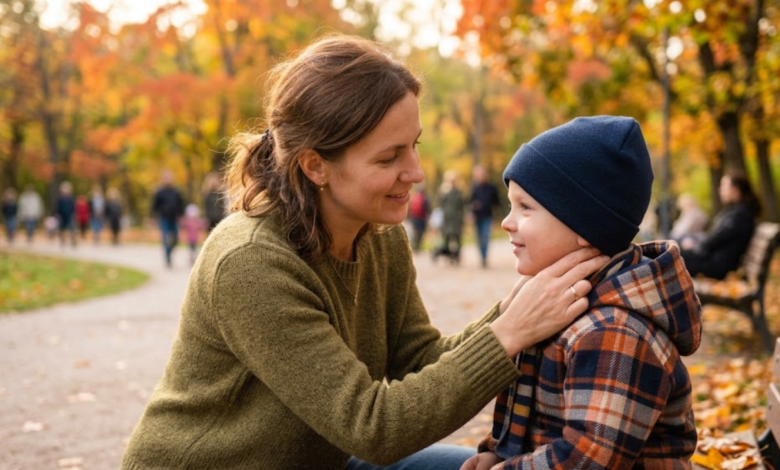 Mama lauke tikrina vaiko sprandą, norėdama įsitikinti, kad jis neperkaito