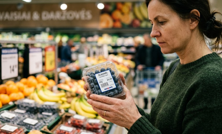 Moters rankos prekybos centre laiko plastikinį šilauogių indelį