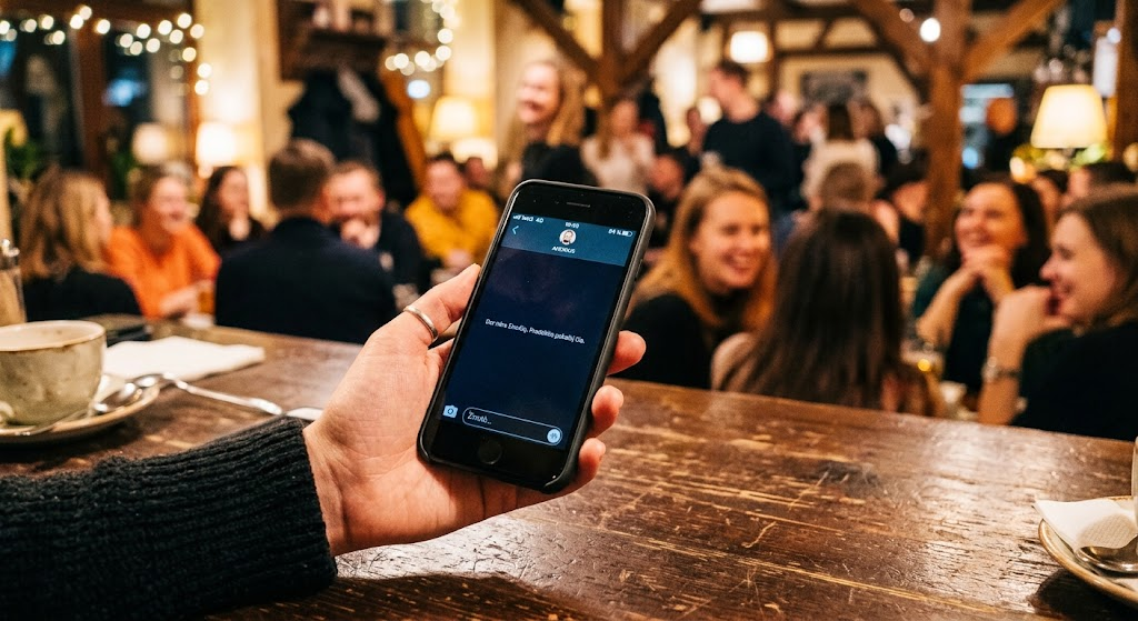 Šviečiantis telefono ekranas ant restorano stalo vakare
