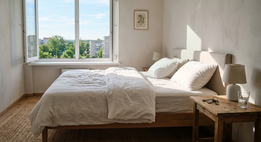 Tuščia lova saulėtame, minimalistiniame miegamajame